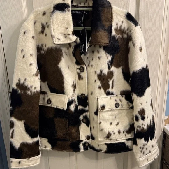 Bernardo Women's Black and Brown Patterned Faux Fur Jacket Cow Print - Picture 2 of 7